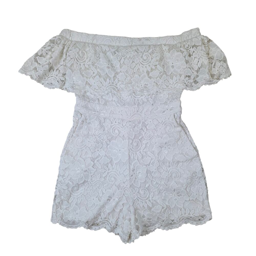 Bebe White Floral Lace Romper Off The Shoulder Womens Size 4 Flounce Bridal